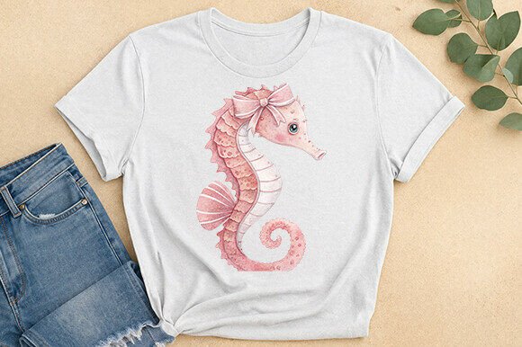 Cute Pink Seahorse Bow Graphic Tee: A Charming Design Asset