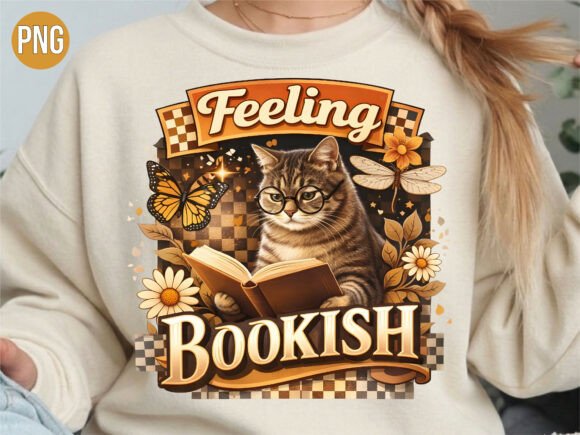 Retro Feeling Bookish Cat Graphic: A Designer's Go-To Asset